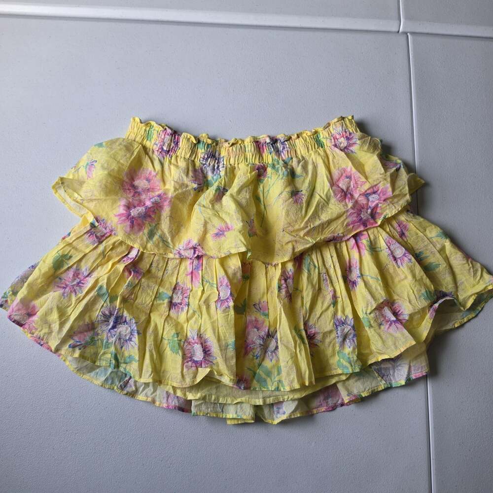 LoveShackFancy Skirt Womens Medium Yellow Floral Tiered Ruffle Mini Cotton Boho